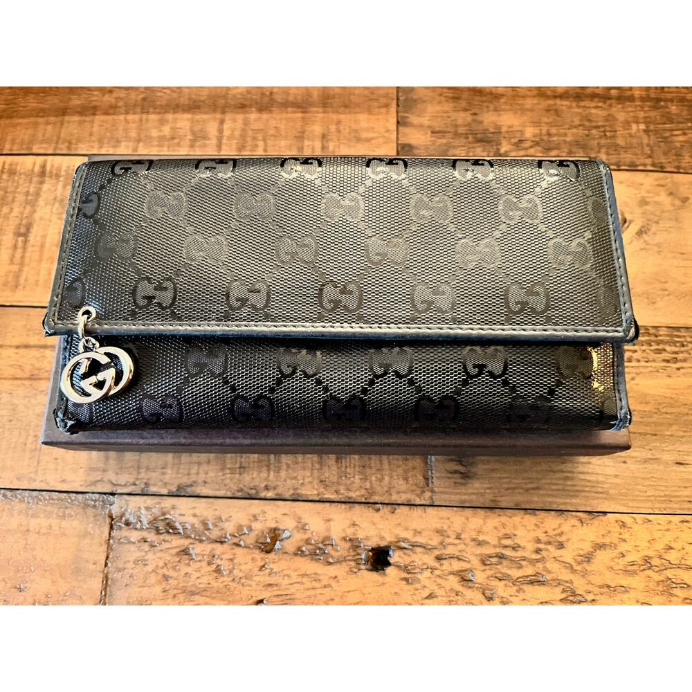 Gucci Monogram Black Coated Canvas Long Wallet With Box